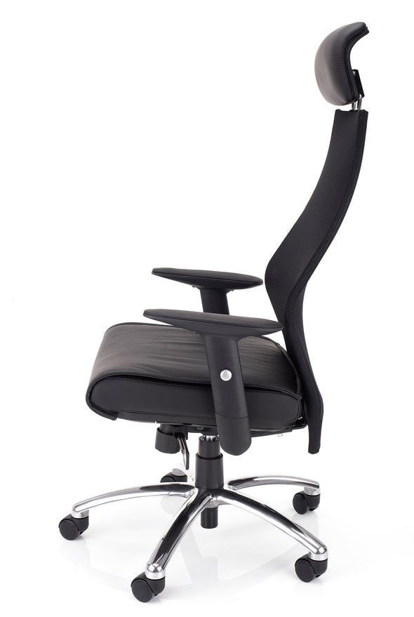 Ergonomski delovni stol dynamic evolution v črni barvi z udobnim sedežem v usnju in z nastavljivim usnjenim vzglavnikom