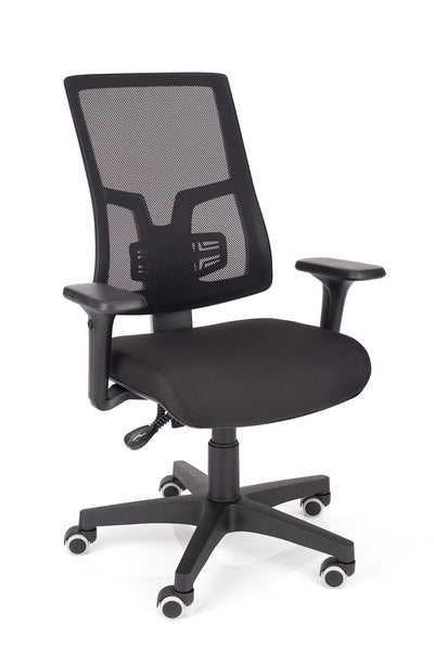 Udobni delovni stol orion z naslonom v mreži in sedežem v blagu črne barve