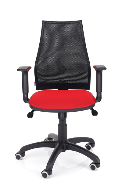 Kakovosten delovni stol dynamic classic z naslonom v črni mreži in sedežem rdeče barve