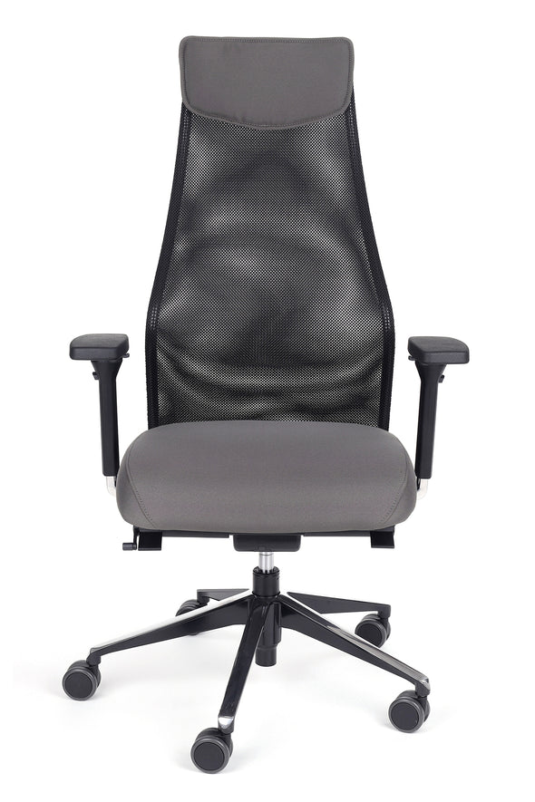 Ergonomski pisarniški stol dynamic elegance v sivi barvi z naslonom v zračni mreži in sedežem v mehkem blagu