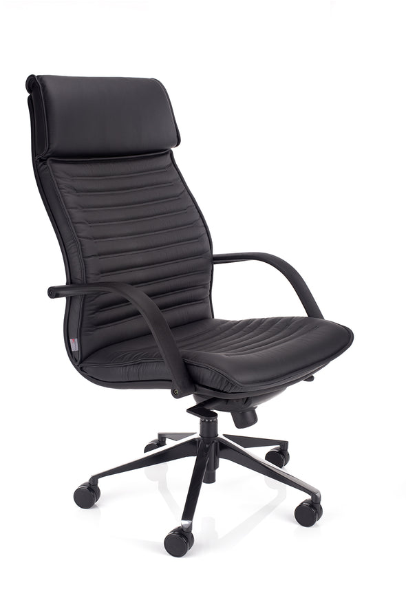 Kakovosten pisarniški stol president iz usnja črne barve ergonomskega dizajna in modernega videza