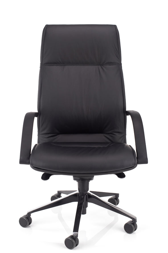 Ergonomski delovni stol comfort sinhron v usnju črne barve z ergonomsko oblikovanim in oblazinjenim vzglavnikom